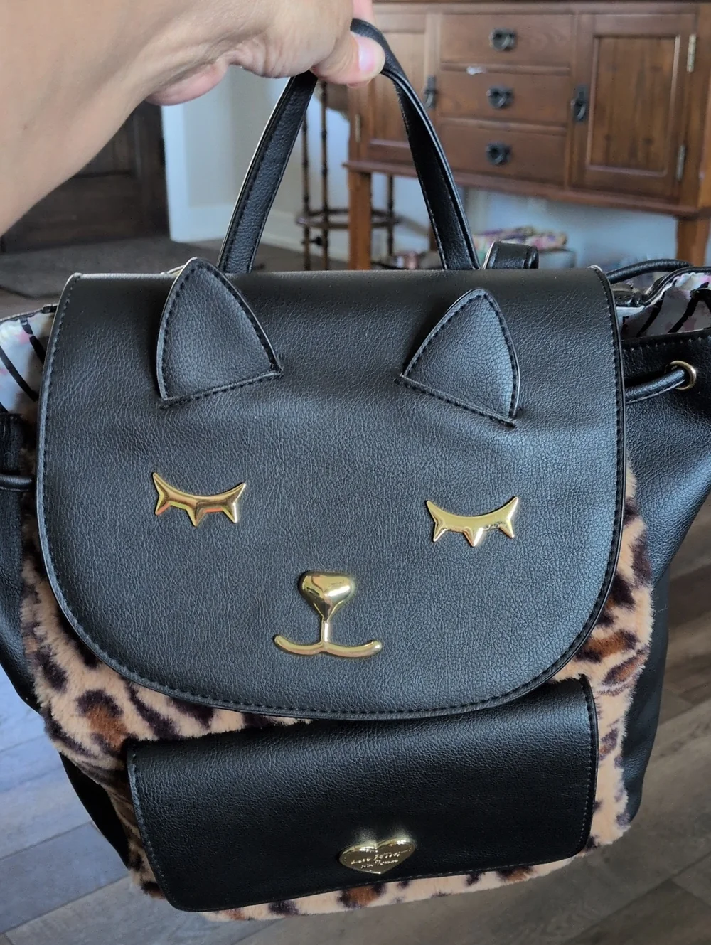 Betsey Johnson Black Faux Leather & Leopard Print Cat Backpack